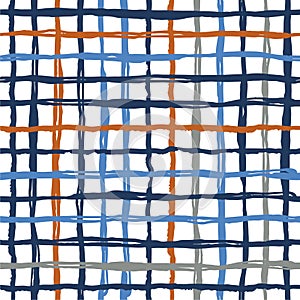 Vector seamless pattern brush stripes plaid. Blue orange color on white background. Hand painted grange texture. Ink
