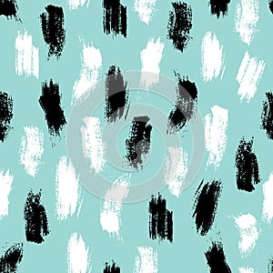 Vector seamless pattern with brush stripes and strokes. White black color on blue background. Hand painted grange