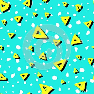 Vector seamless pattern with brush triangles Yellow white black color on blue background. Hand painted grange texture