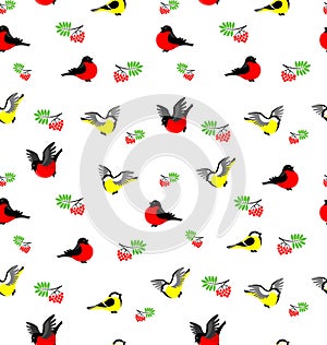 Vector seamless pattern with bullfinches, tites and rowanberries.