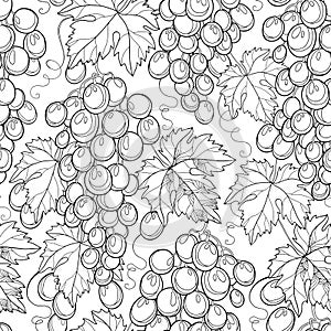 Vector seamless pattern with bunch of grape and grape leaves