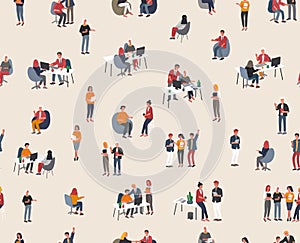 Vector seamless pattern with business people, male and female young office workers. Cartoon vector