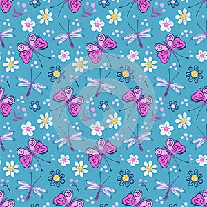 Vector seamless pattern of with butterflies and dragonflies. Stylized insects and flowers on a blue background