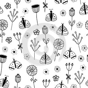 Vector seamless pattern with butterflies, flowers on white background.