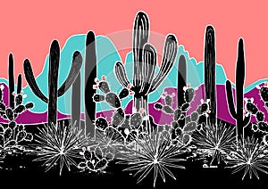 Vector seamless pattern with cacti, and mountains. Wild cactus forest with agave, saguaro, and prickly pear. Bright