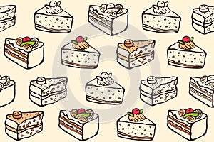 Vector seamless pattern with cakes. Detailed outline drawing