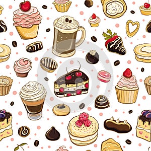 Vector seamless pattern with cakes, pastries and coffee