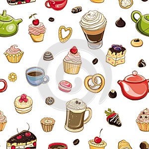 Vector seamless pattern with cakes, sweets and coffee