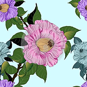 Vector seamless pattern. Camellia - branches with flowers and leaves. Exotic flower on a light background.