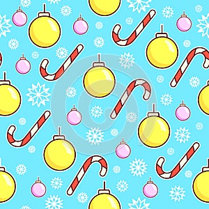 Vector seamless pattern. Candy canes and xmas toys balls. Christmas wrapping paper design. White snowflakes on blue