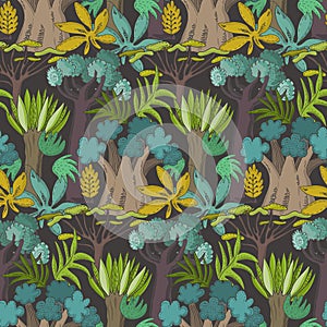 Vector seamless pattern with cartoon African trees and plants