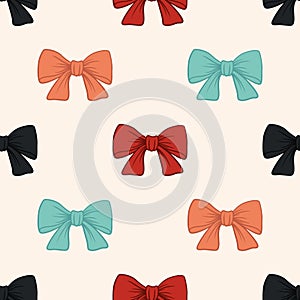 Vector Seamless Pattern with Cartoon Bow Tie or Gift Bow with Outline on White Background. Bow Design Template