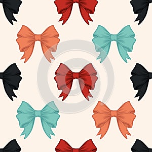 Vector Seamless Pattern with Cartoon Bow Tie or Gift Bow with Outline on White Background. Bow Design Template