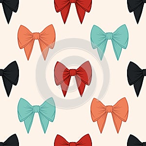 Vector Seamless Pattern with Cartoon Bow Tie or Gift Bow with Outline on White Background. Bow Design Template