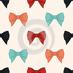 Vector Seamless Pattern with Cartoon Bow Tie or Gift Bow with Outline on White Background. Bow Design Template