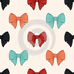 Vector Seamless Pattern with Cartoon Bow Tie or Gift Bow with Outline on White Background. Bow Design Template