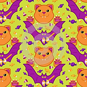 Vector seamless pattern with cartoon cat, bat and Halloween candy set. Pink, light green, purple, orange