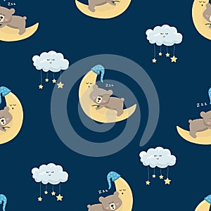 Vector seamless pattern cartoon cute bear boy sleeping on the moon and clouds with stars