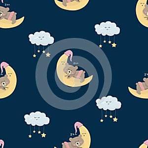 Vector seamless pattern cartoon cute bear girl sleeping on the moon and clouds with stars