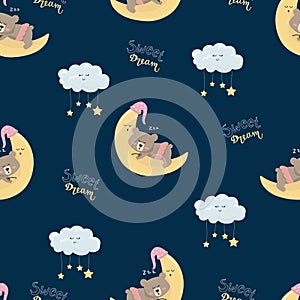Vector seamless pattern cartoon cute bear girl sleeping on the moon and clouds with stars