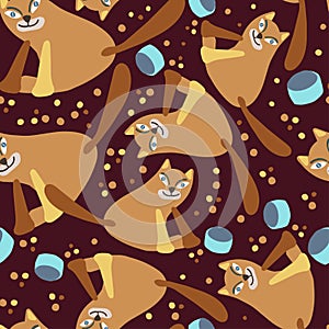 Vector seamless pattern cartoon decorative cute design of cats with feeding