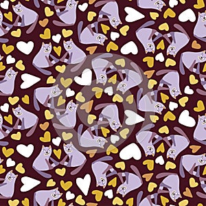 Vector seamless pattern cartoon decorative design cute of cats with hearts