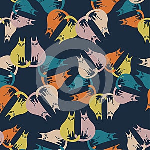 Vector seamless pattern cartoon decorative design cute cats in pastel tones on dark blue