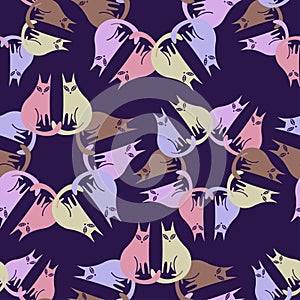 Vector seamless pattern cartoon decorative design cute cats in pastel tones on dark blue