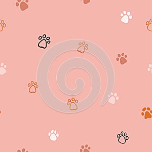 Vector seamless pattern with cartoon dog and cat paws on pink background. Domestic dog pattern