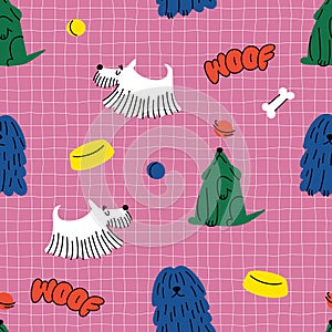 Vector Seamless Pattern with Cartoon Dogs in Doodle Style. Funny and Cute Hand Drawn Dog Characters Repeated on Pink