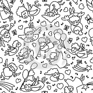 Vector seamless pattern from cartoon flying angels, hearts