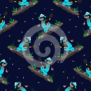 Vector seamless pattern with cartoon funny mole with a shovel under his arm, in light green jumpsuit and hat on a dark blue backgr