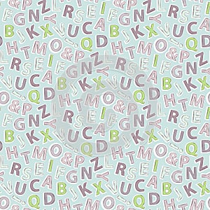 Vector seamless pattern with cartoon letters. Alphabet blue background