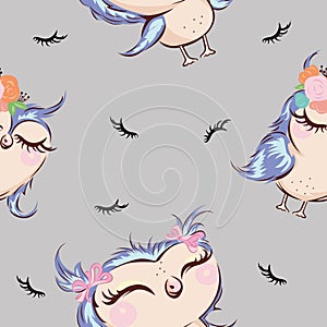 Vector seamless pattern with cartoon owls and risnits. Design for textiles, wallpapers, websites, cases, pencil cases