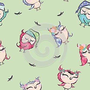 Vector seamless pattern with cartoon owls sleeping and centuries old. Designer textiles, wallpapers, websites, pencil cases