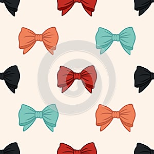 Vector Seamless Pattern with Cartoon Red, Orange, Blue, Black Bow Tie, Gift Bow with Outline on White Background. Bow