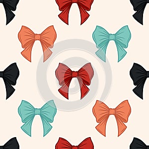 Vector Seamless Pattern with Cartoon Red, Orange, Blue, Black Bow Tie, Gift Bow with Outline on White Background. Bow