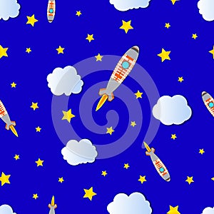 Vector Seamless Pattern: Cartoon Space, Cloudy and Starry Bright Blue Sky.