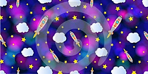 Vector Seamless Pattern: Cartoon Space, Cloudy and Starry Bright Blurry Putple Blue Sky. photo