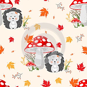 Vector seamless pattern of cartoon style with cute hedgehog and fly agaric