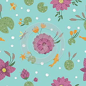 Vector seamless pattern of cartoon style flat funny waterlily, dragonfly, mosquito, reed on blue background. Cute repeat texture