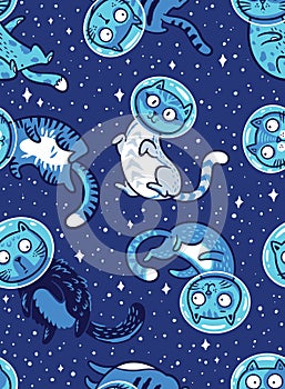 Vector seamless pattern with cats in space.