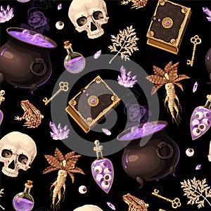 Vector seamless pattern with cauldrons and books