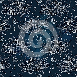 Vector seamless pattern with celestial bodies - moons, stars and clouds. Boho chic print hand drawn textile design