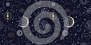 Vector seamless pattern with celestial mystic esoteric magic elements constellations and stars. Alchemy tattoo template