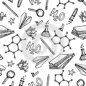 Vector seamless pattern of Chemistry science theory and bonding formula equation, tool model icon. Doodle glass flasks, formulas