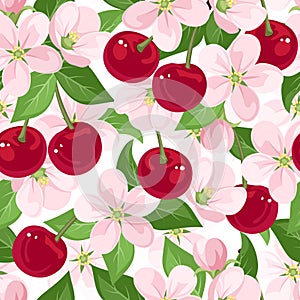 vector seamless pattern with cherry berries and fl