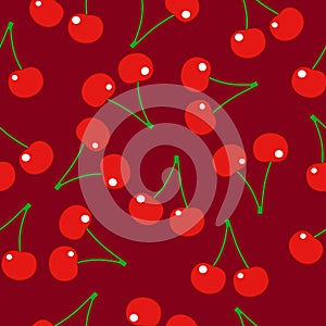 Vector seamless pattern of cherry berries. Repeatable hand drew color red summer berry illustration.