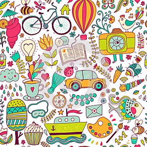 Vector seamless pattern, childish doodles. Pattern ,set of different school, travel, romantic things. Enjoy life concept. Use for