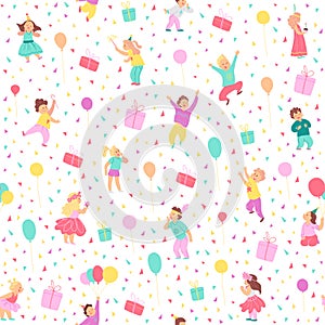 Vector seamless pattern for children birthday party. Flat hand drawn style. Happy kid characters, balloons, gift boxes, confetti i